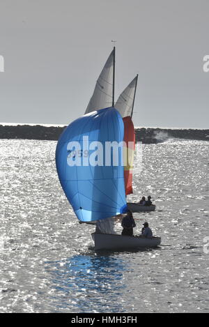 San Diego, Kalifornien, USA. 2. Februar 2017. Segelboote mit Spinnaker angehoben Rückkehr in Mission Bay Harbor zwischen Ocean Beach und Mission Beach im sonnigen San Diego, Kalifornien, USA. Nach NOAA National Climatic Data Center ist San Diego eine der sonnigsten Städte in den USA, empfangen von mehr als 3000 Sonnenstunden pro Jahr. John D. Ivanko/Alamy Live-Nachrichten Stockfoto