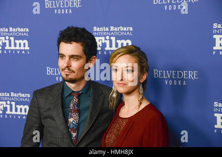 Santa Barbara, USA. 3. Februar 2017. Damien Chazelle und Olivia Hamilton besuchen die herausragende Leistung des Jahres präsentiert von Belevedere Wodka auf der 32. jährlichen Santa Barbara International Film Festival im Arlington Theatre in Santa Barbar Stockfoto