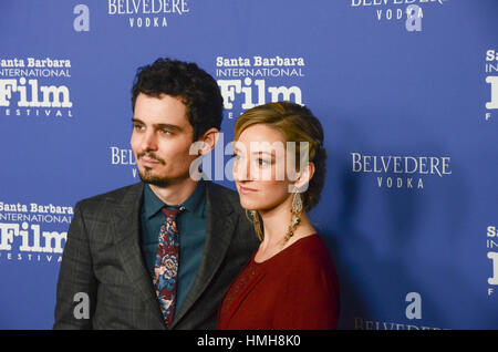 Santa Barbara, USA. 3. Februar 2017. Damien Chazelle und Olivia Hamilton besuchen die herausragende Leistung des Jahres präsentiert von Belevedere Wodka auf der 32. jährlichen Santa Barbara International Film Festival im Arlington Theatre in Santa Barbar Stockfoto