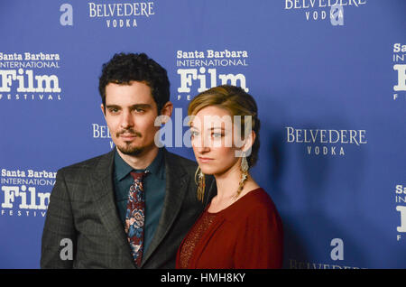 Santa Barbara, USA. 3. Februar 2017. Damien Chazelle und Olivia Hamilton besuchen die herausragende Leistung des Jahres präsentiert von Belevedere Wodka auf der 32. jährlichen Santa Barbara International Film Festival im Arlington Theatre in Santa Barbar Stockfoto