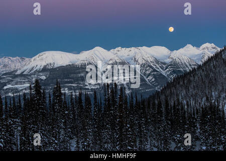 Full Moon rising über Kanadische Rockies; von Esplanada Bereich betrachtet; Selkirk Range; Britisch-Kolumbien; Kanada Stockfoto