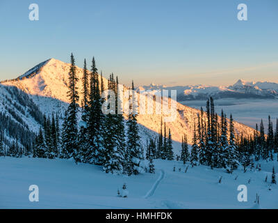 Verschneite Winterlandschaft; Esplanade-Bereich; Selkirk Range; Britisch-Kolumbien; Kanada Stockfoto