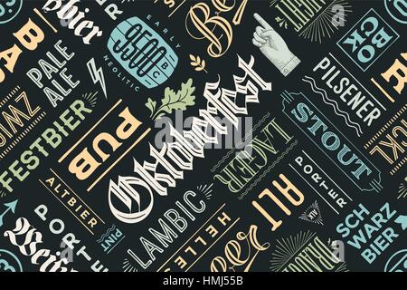 Nahtlose Muster mit Biersorten und handgezeichneten Schriftzug Stock Vektor