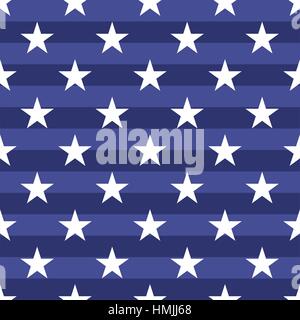 Patriotische USA Musterdesign. Amerikanische Flagge Symbolen und Farben. Hintergrund für den 4. Juli Unabhängigkeitstag der USA. Weiße Sterne auf gestreiften blauen Hintergrund. Stock Vektor