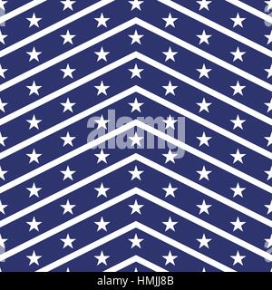 Patriotische USA Musterdesign. Amerikanische Flagge Symbolen und Farben. Hintergrund für den 4. Juli Unabhängigkeitstag der USA. Weiße Zick-Zack-Streifen und Sternen auf blauem Stock Vektor