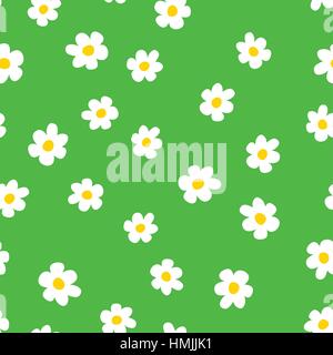 Lustige Blumen Musterdesign. Cartoon-Kamille auf Gras grünem Hintergrund. Vektor-Illustration. Stock Vektor