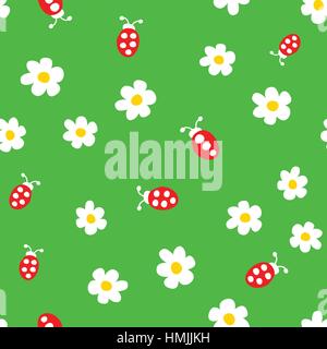 Marienkäfer und Blumen Musterdesign. Cartoon-Marienkäfer auf Gras grünem Hintergrund. Vektor-Illustration. Stock Vektor