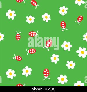 Marienkäfer und Blumen Musterdesign. Cartoon-Marienkäfer auf Gras grünem Hintergrund. Vektor-Illustration. Stock Vektor