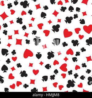 Spielkarten Anzüge Musterdesign. Random gelegt Herz, Diamant, club, Spaten auf weiße Vektor Hintergrund. Glücksspiel wiederholende Textur. Stock Vektor