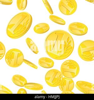 Nahtloses Muster mit goldenen Münzen nach dem Zufallsprinzip über weißem Hintergrund platziert. Geld Gold Regen wiederholende Textur in EPS8 Vektor. Stock Vektor