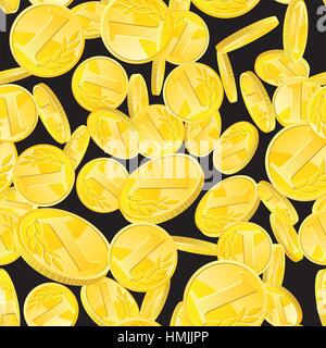 Nahtloses Muster mit goldenen Münzen nach dem Zufallsprinzip über schwarzem Hintergrund gelegt. Geld Gold Regen wiederholende Textur in EPS8 Vektor. Stock Vektor
