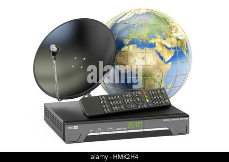 Weltweite Telekommunikation Konzept. Digitaler Satelliten-Receiver mit Satellitenschüssel und Globus Erde, 3D-Rendering Stockfoto