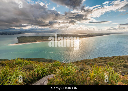 Panoramablick auf Matakana Island, Blick vom Mount Maunganui, Bucht von viel Region, Nordinsel, Neuseeland Stockfoto