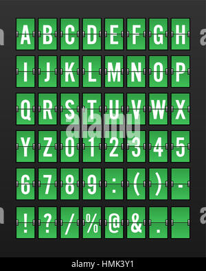 Flughafen mechanische Flip Board Panel Font - weiße Schrift auf grünem Hintergrund Illustration Stockfoto