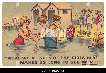 Originale edwardianische humorvolle Karikaturpostkarte am Meer, Zeitvertreibe Anfang der 1900er Jahre, UK Retro Beach Postkarte. Stockfoto