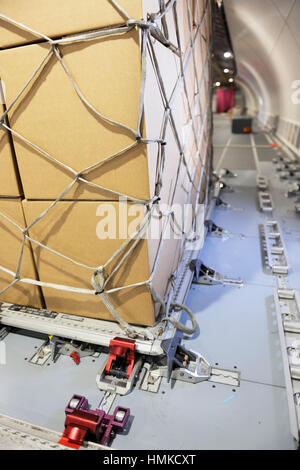 Kartons auf Palette Cargo net Befestigungen am Boden Airbus A330-200F Prototyp geparkt im Static Display auf der Singapore Airshow 2010 Stockfoto