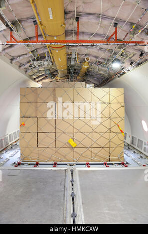 Boxen mit Gepäcknetz auf Palette im A330-200F Prototyp geparkt im Static Display auf der Singapore Airshow 2010 Stockfoto