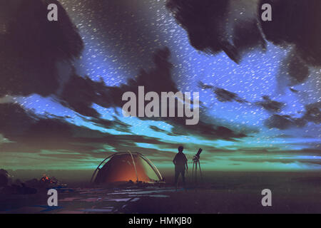 Mann mit Teleskop tatenlos Zelt schaut in den Himmel in der Nacht, Illustration, Malerei Stockfoto