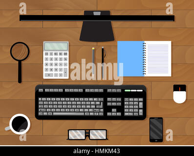 Arbeitsplatz Draufsicht. Bürotisch mit Computer statt. Vektor-illustration Stockfoto