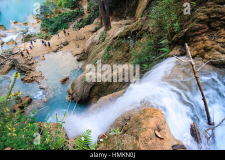 Erhöhte Ansicht der Kuang Si Waterfalls, 29 km südlich von Luang Prabang, Laos, Südostasien Stockfoto