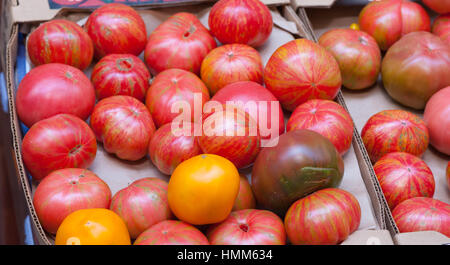 San Francisco, CA: 18. Juli 2014.  Reife rote und gelbe Urtomaten zum Verkauf auf einem Bauernmarkt in Embarcadero. Stockfoto