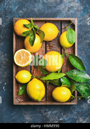 Frisch geerntete Zitronen mit Blättern in rustikales Holztablett Stockfoto