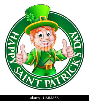 Leprechaun Zeichentrickfigur in einem Kreis lesen glücklich St. Patricks Day und geben einen Daumen nach oben Stockfoto