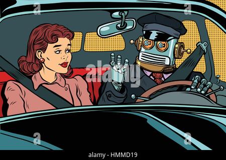 Vintage Retro-Autopilot Roboterauto, Frau Passagier in unbemannten v Stock Vektor