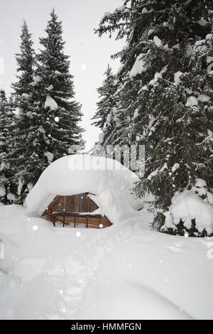 Traditionelle Holz WC im Schnee Stockfoto