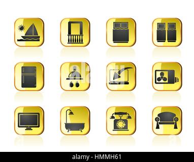 Hotel und Motel Zimmer Einrichtungen Symbole Stock Vektor