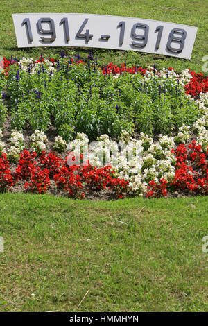 Massif de fleurs. Le Mémorial de Batailles de la Marne. 1914-1918. Dormans. Frankreich. Stockfoto