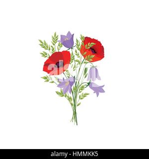 Blumen isoliert. floralen Bouquet. sommer wiese Natur Dekor mit Glockenblumen und Roter Mohn Stock Vektor
