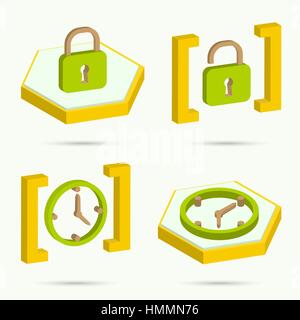 Isometrische Symbole. Sammlung von vier Symbole. Sperren. Zu entsperren. Wecker. Vektor-illustration Stock Vektor