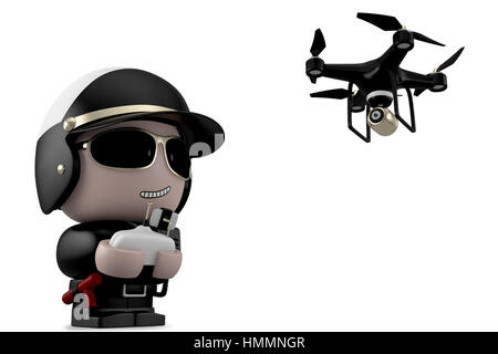Polizist eine Drohne mit Fernbedienung in Betrieb. Isoliert auf weißem Hintergrund mit Beschneidungspfad. Stockfoto