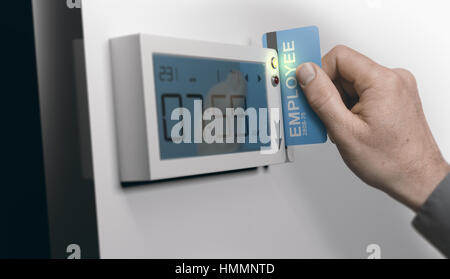 Mitarbeiter persönliche Karte in Wisch-Kartensystem, horizontales Bild streichen. Konzept der Pünktlichkeit bei der Arbeit. Verbund zwischen einem Bild und einem 3D Hintergrund Stockfoto