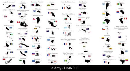 Länder von Nord- und Südamerika mit Grenzen, Flaggen und Hauptstädte Stock Vektor