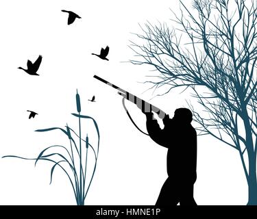 Jäger mit der Waffe, Jagd auf Wildvögel Stock Vektor