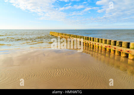 Hölzernen Wellenbrecher an Leba Sandstrand, Ostsee, Polen Stockfoto