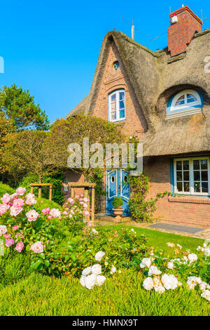 Typisches friesische Haus mit Stroh Dach in Kampen Dorf auf der Insel Sylt, Deutschland Stockfoto