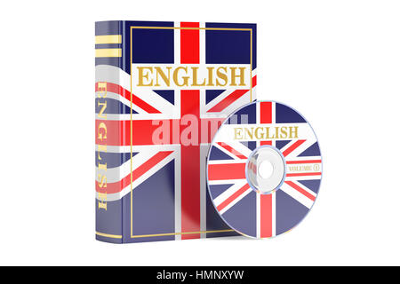 Englisches Buch mit Flagge von Großbritannien und CD Disk, 3D-Rendering isolierten auf weißen Hintergrund Stockfoto