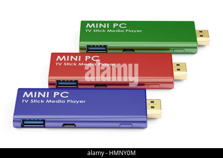 Satz von Mini PC TV Dongle Sticks, 3D-Rendering isolierten auf weißen Hintergrund Stockfoto