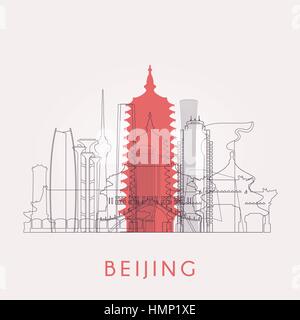 Umriss Beijing Skyline mit Sehenswürdigkeiten. Vektor-Illustration. Business-Reisen und Tourismus-Konzept mit historischen Gebäuden. Bild für Präsentation, bann Stock Vektor