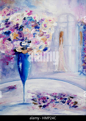 Original Ölgemälde schöne Vase oder Schale mit frischen Blumen und Frau in Ferne auf Leinwand. Moderne Impressionismus, moderne, marinism Stockfoto
