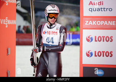 ZAKOPANE, Polen - 22. Januar 2016: FIS-Skisprung-Weltcup in Zakopane o/p Gregor Deschwanden SUI Stockfoto