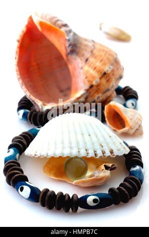 Muscheln mit Perle und Rapana isoliert auf weiss Stockfoto