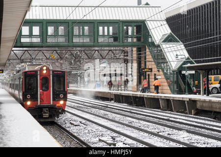 Bahnhof Greenwich in einem Schneesturm, Connecticut, USA Stockfoto