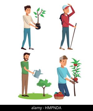 Stellen Sie Gärtner Mann Baum Pflanze und Wandern Stock Vektor