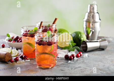 Erfrischender cocktail mit Eis, Limette und Cranberry in Einweckgläser winter Stockfoto