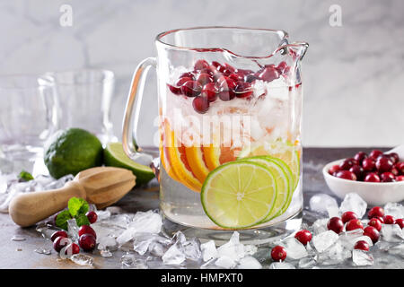 Infundierten Wasser mit Zitrusfrüchten und Cranberry in einen Krug Stockfoto