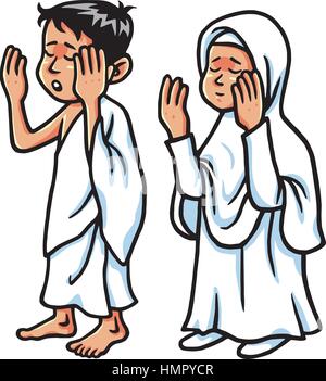 Junge und Mädchen Hadsch beten Vektor-Illustration Stock Vektor